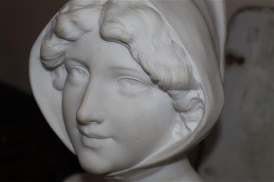 A marble bust of a lady wearing a bonnet, height excluding stand 38cm